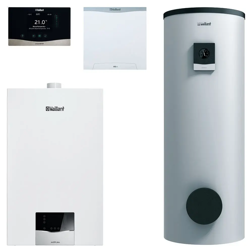 Vaillant Heiztechnik-System mit einem Wandgerät, einem Steuergerät und einem Warmwasserbereiter. Alle Komponenten sind in modernem Design und in Weiß gehalten.